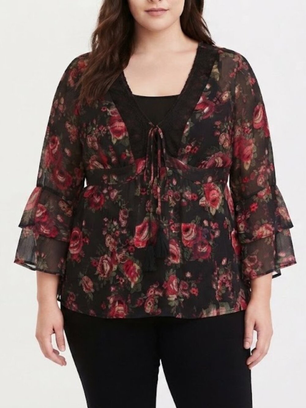 Black Rose Floral Tie-Front Blouse